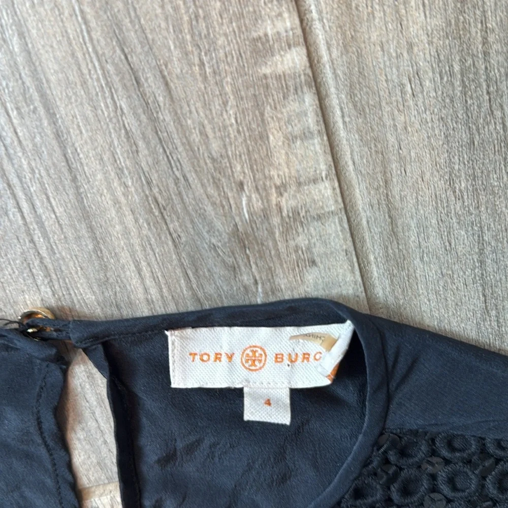 Tory Burch Woman's Long Sleeve Sequin‎ Top Sheer Sleeves Black Size 4